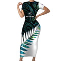 New Zealand Silver Fern Rugby Custom Short Sleeve Bodycon Dress Go All Black Turquoise Maori Paua Shell - Aussie Hoodie
