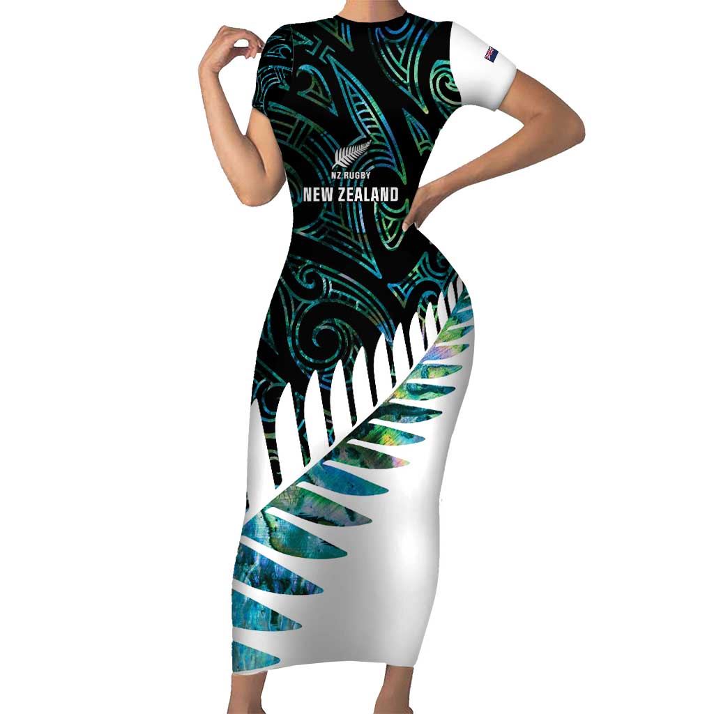 New Zealand Silver Fern Rugby Custom Short Sleeve Bodycon Dress Go All Black Turquoise Maori Paua Shell - Aussie Hoodie