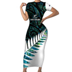New Zealand Silver Fern Rugby Custom Short Sleeve Bodycon Dress Go All Black Turquoise Maori Paua Shell - Aussie Hoodie