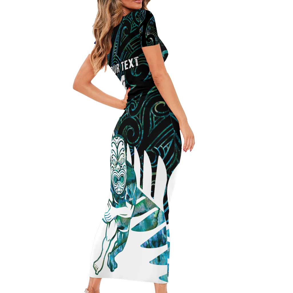 New Zealand Silver Fern Rugby Custom Short Sleeve Bodycon Dress Go All Black Turquoise Maori Paua Shell - Aussie Hoodie