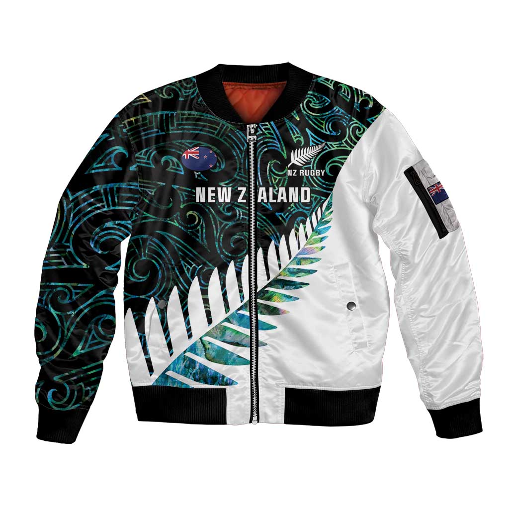 New Zealand Silver Fern Rugby Custom Sleeve Zip Bomber Jacket Go All Black Turquoise Maori Paua Shell - Aussie Hoodie