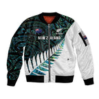 New Zealand Silver Fern Rugby Custom Sleeve Zip Bomber Jacket Go All Black Turquoise Maori Paua Shell - Aussie Hoodie