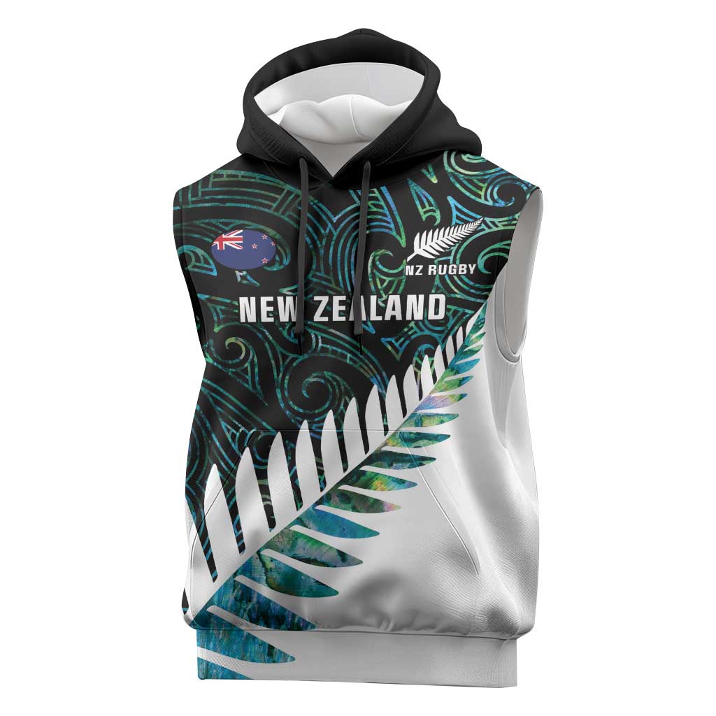 New Zealand Silver Fern Rugby Custom Sleeveless Hoodie Go All Black Turquoise Maori Paua Shell - Aussie Hoodie