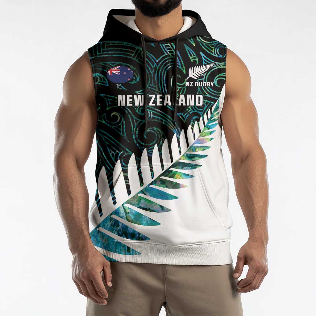 New Zealand Silver Fern Rugby Custom Sleeveless Hoodie Go All Black Turquoise Maori Paua Shell - Aussie Hoodie