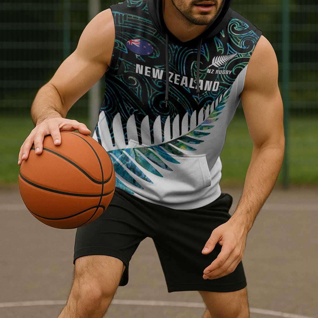 New Zealand Silver Fern Rugby Custom Sleeveless Hoodie Go All Black Turquoise Maori Paua Shell - Aussie Hoodie