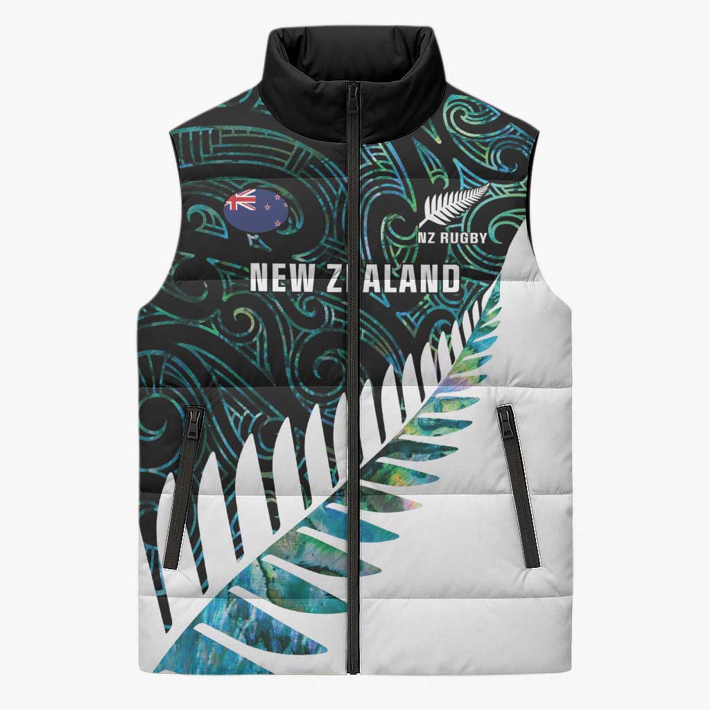 New Zealand Silver Fern Rugby Custom Sleeveless Puffer Jacket Go All Black Turquoise Maori Paua Shell - Aussie Hoodie