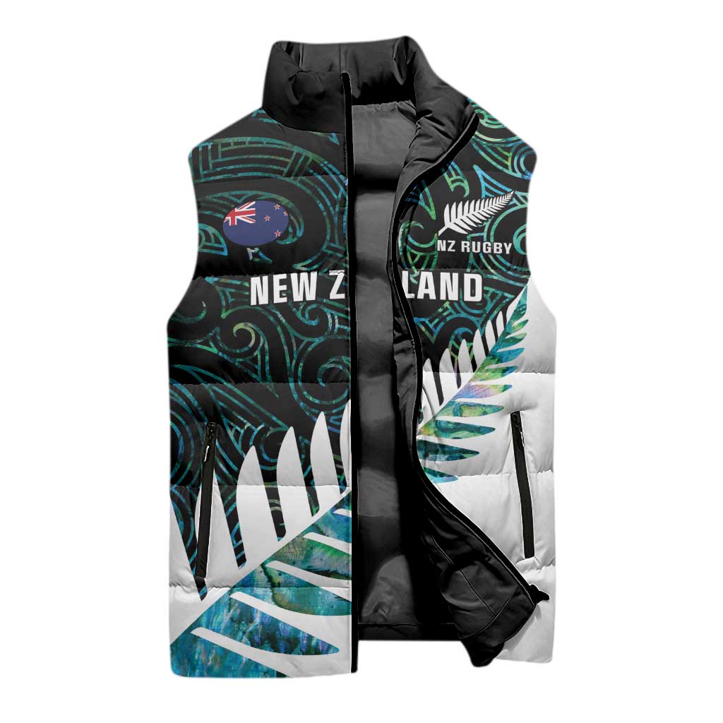 New Zealand Silver Fern Rugby Custom Sleeveless Puffer Jacket Go All Black Turquoise Maori Paua Shell - Aussie Hoodie