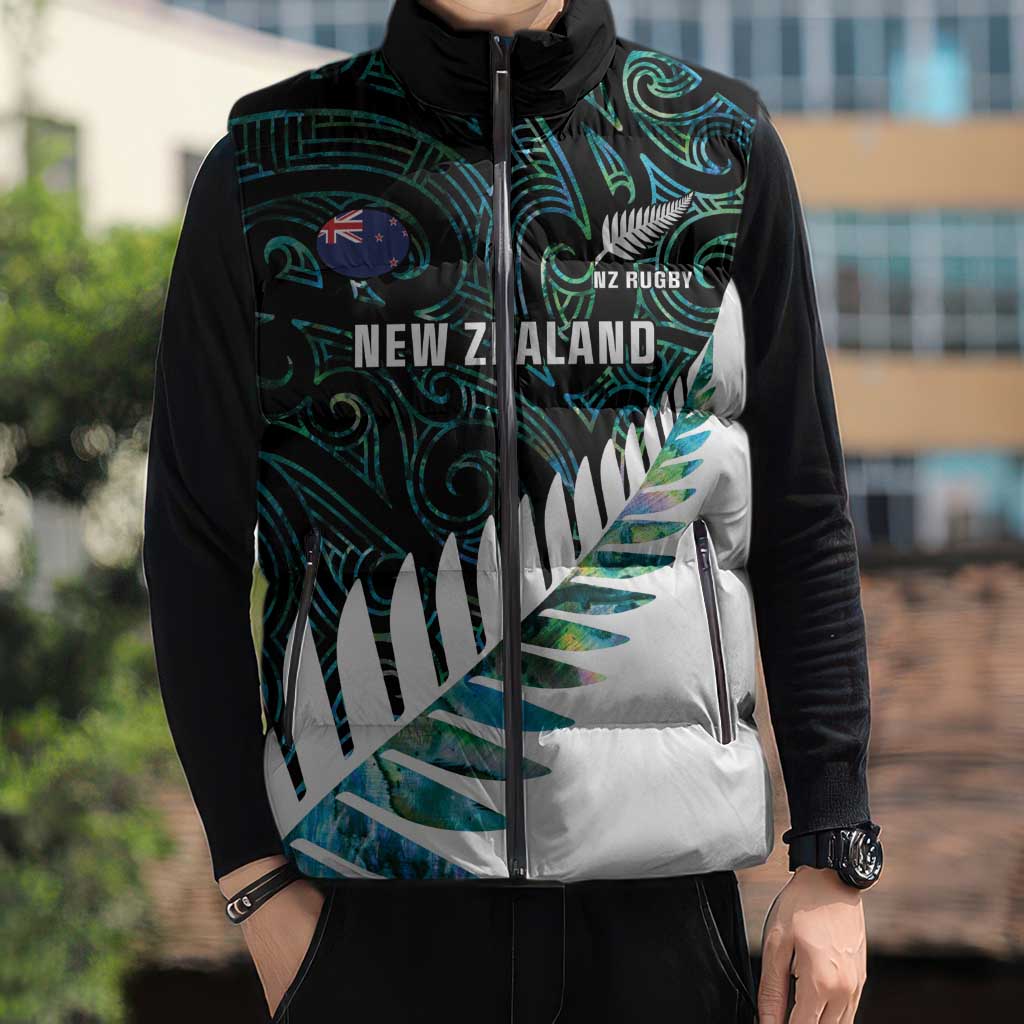New Zealand Silver Fern Rugby Custom Sleeveless Puffer Jacket Go All Black Turquoise Maori Paua Shell - Aussie Hoodie