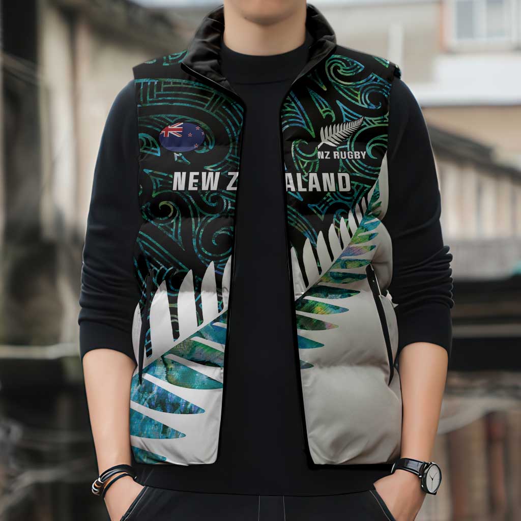 New Zealand Silver Fern Rugby Custom Sleeveless Puffer Jacket Go All Black Turquoise Maori Paua Shell - Aussie Hoodie