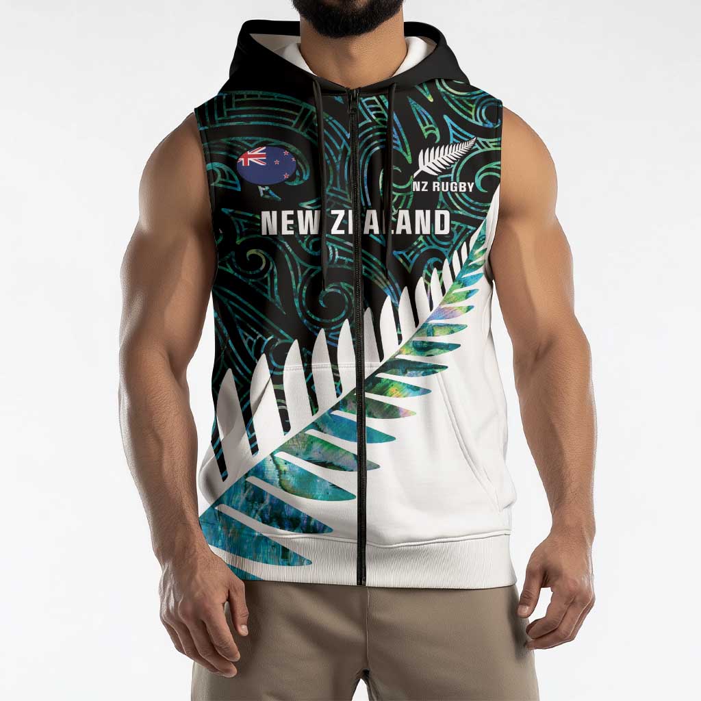 New Zealand Silver Fern Rugby Custom Sleeveless Zip Hoodie Go All Black Turquoise Maori Paua Shell LT14