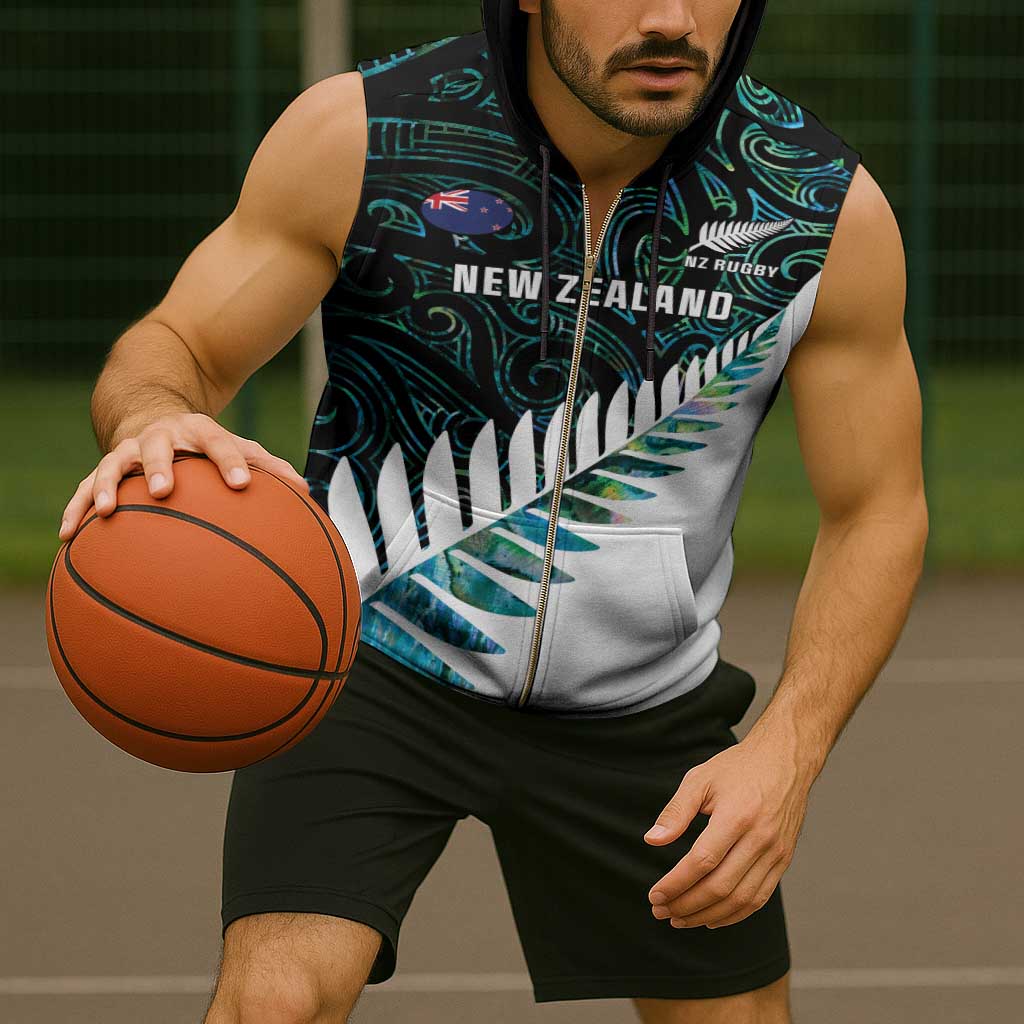 New Zealand Silver Fern Rugby Custom Sleeveless Zip Hoodie Go All Black Turquoise Maori Paua Shell - Aussie Hoodie