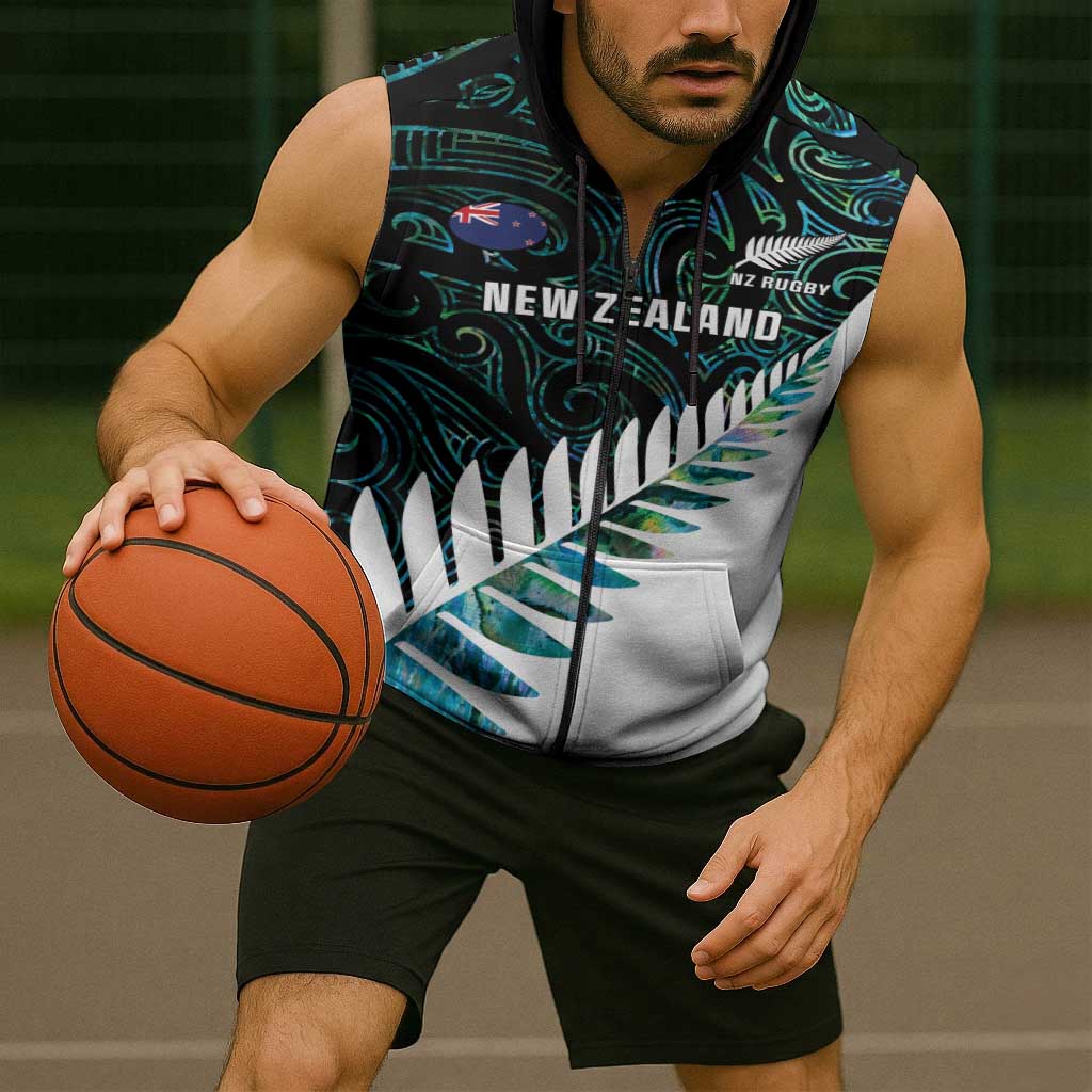 New Zealand Silver Fern Rugby Custom Sleeveless Zip Hoodie Go All Black Turquoise Maori Paua Shell LT14