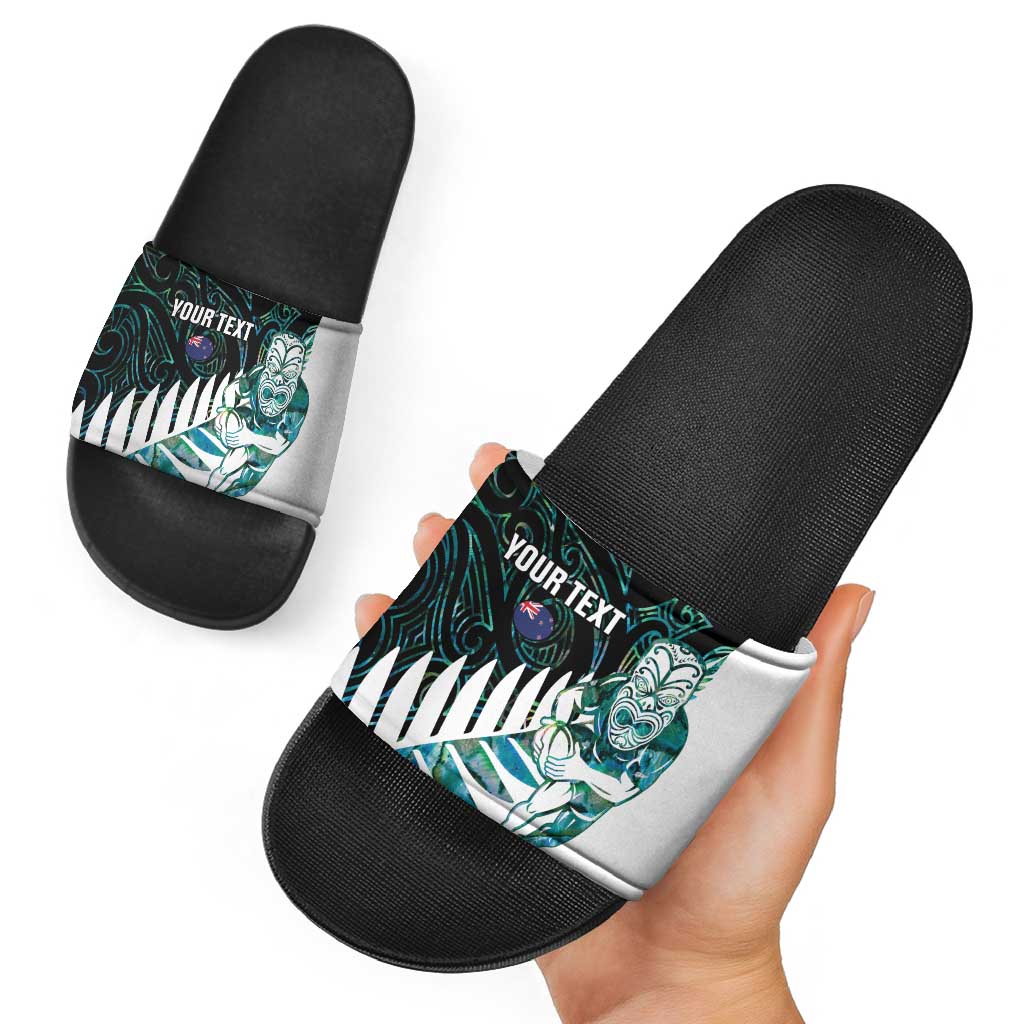 New Zealand Silver Fern Rugby Custom Slide Sandals Go All Black Turquoise Maori Paua Shell - Aussie Hoodie
