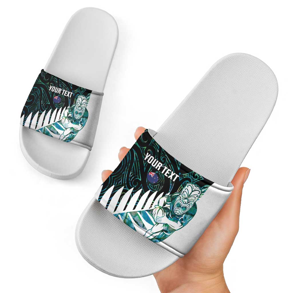 New Zealand Silver Fern Rugby Custom Slide Sandals Go All Black Turquoise Maori Paua Shell - Aussie Hoodie