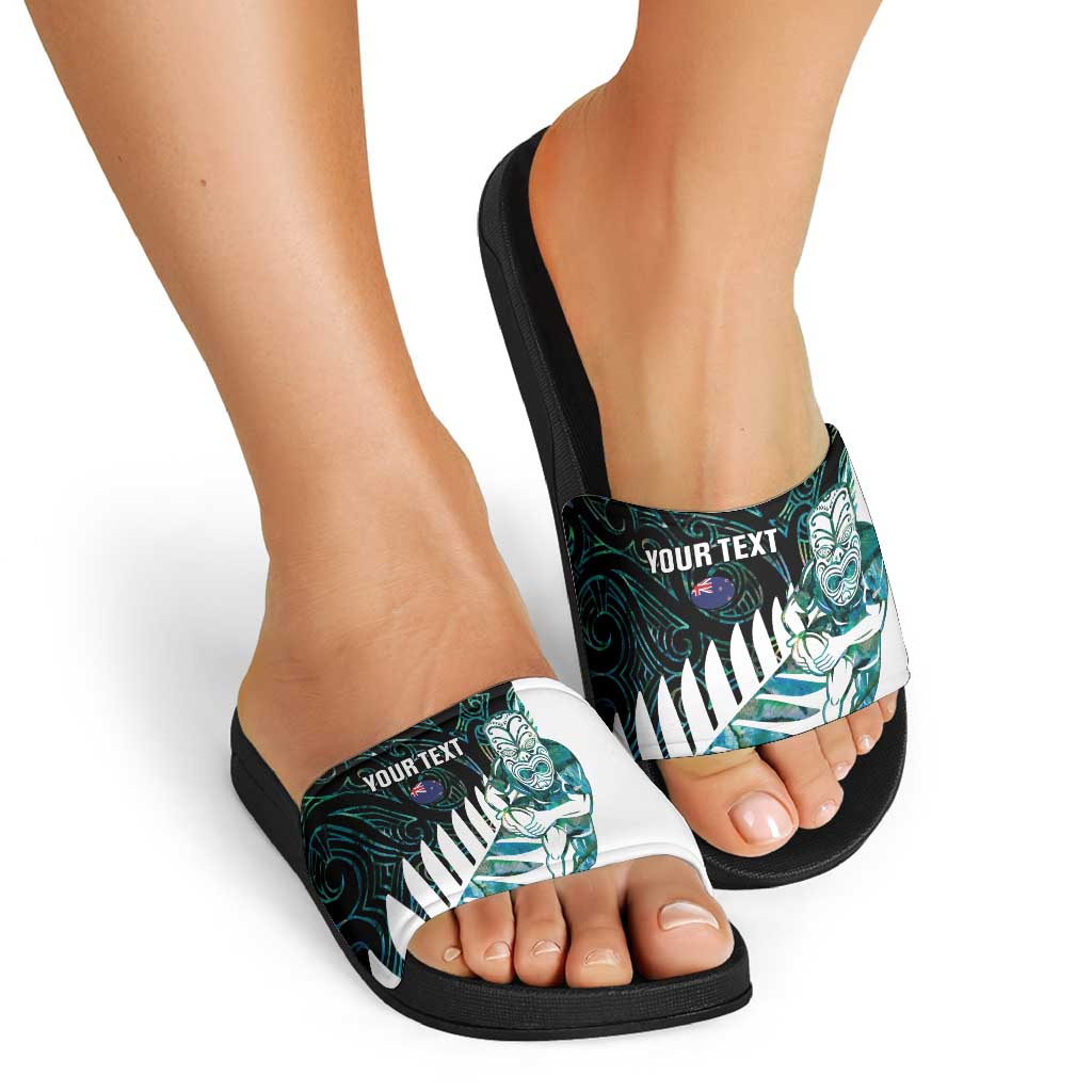 New Zealand Silver Fern Rugby Custom Slide Sandals Go All Black Turquoise Maori Paua Shell - Aussie Hoodie