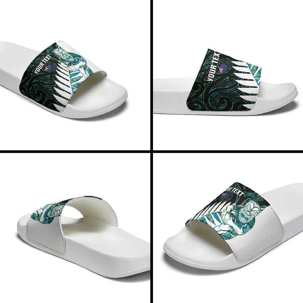 New Zealand Silver Fern Rugby Custom Slide Sandals Go All Black Turquoise Maori Paua Shell - Aussie Hoodie