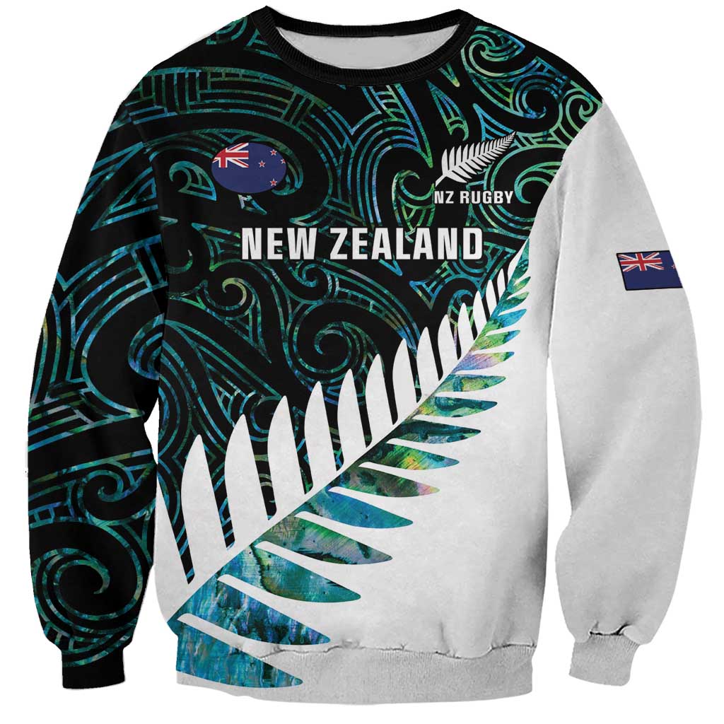 New Zealand Silver Fern Rugby Custom Sweatshirt Go All Black Turquoise Maori Paua Shell - Aussie Hoodie