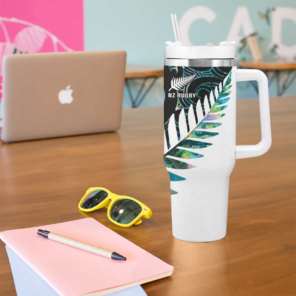 New Zealand Silver Fern Rugby Custom Tumbler With Handle Go All Black Turquoise Maori Paua Shell - Aussie Hoodie