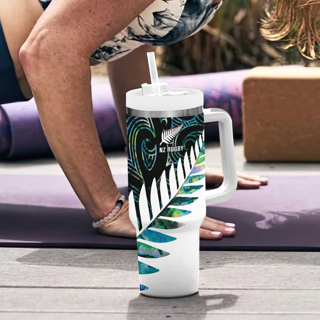 New Zealand Silver Fern Rugby Custom Tumbler With Handle Go All Black Turquoise Maori Paua Shell - Aussie Hoodie