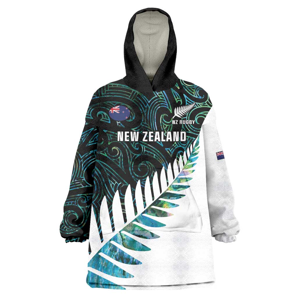 New Zealand Silver Fern Rugby Custom Wearable Blanket Hoodie Go All Black Turquoise Maori Paua Shell - Aussie Hoodie