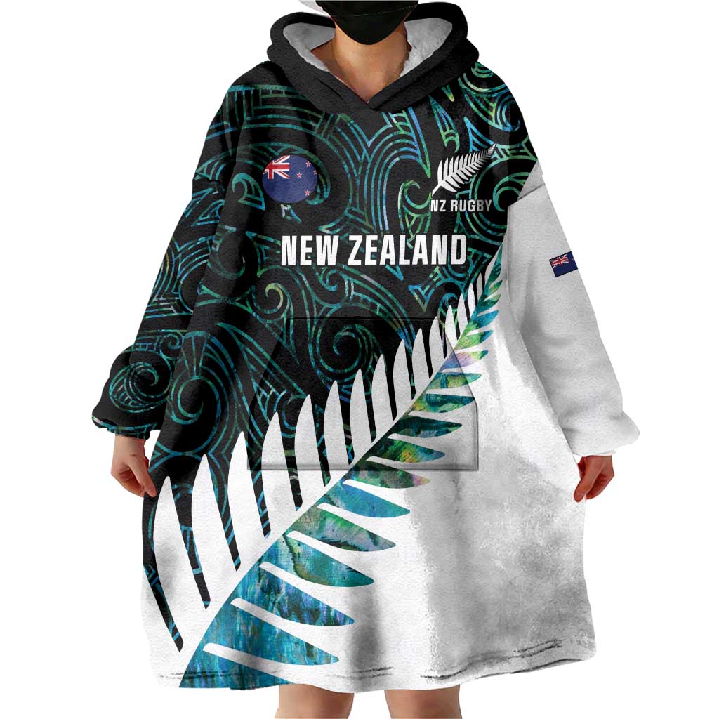 New Zealand Silver Fern Rugby Custom Wearable Blanket Hoodie Go All Black Turquoise Maori Paua Shell - Aussie Hoodie
