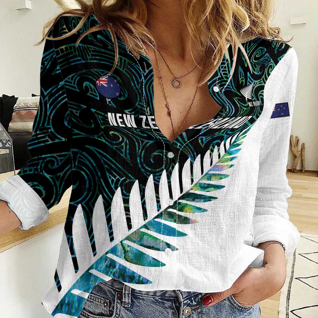 New Zealand Silver Fern Rugby Custom Women Casual Shirt Go All Black Turquoise Maori Paua Shell - Aussie Hoodie
