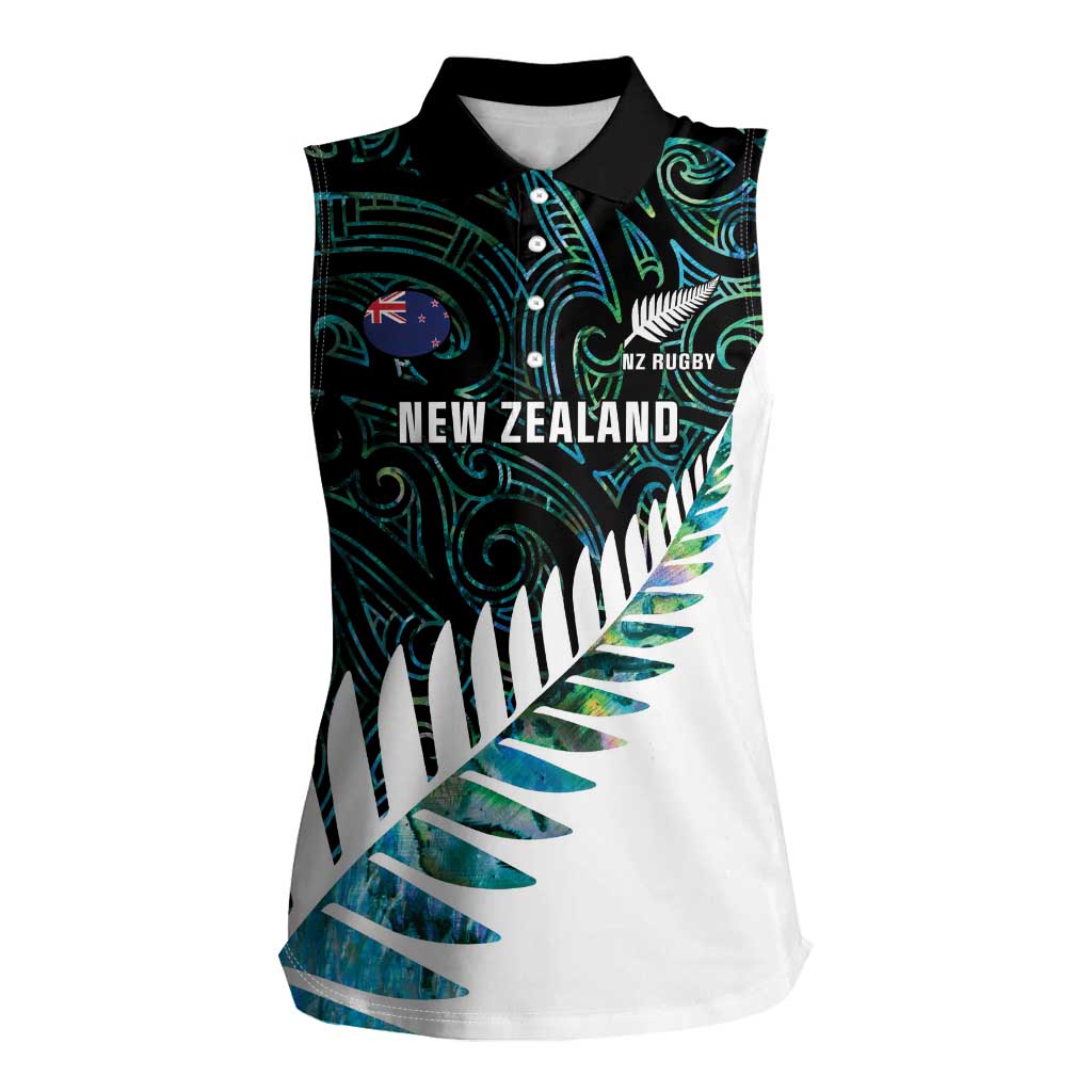 New Zealand Silver Fern Rugby Custom Women Sleeveless Polo Shirt Go All Black Turquoise Maori Paua Shell - Aussie Hoodie