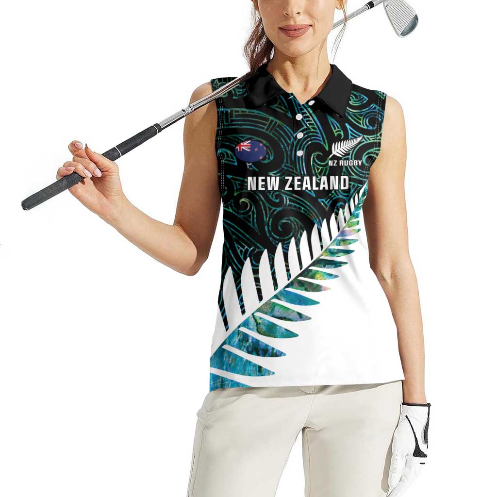 New Zealand Silver Fern Rugby Custom Women Sleeveless Polo Shirt Go All Black Turquoise Maori Paua Shell - Aussie Hoodie