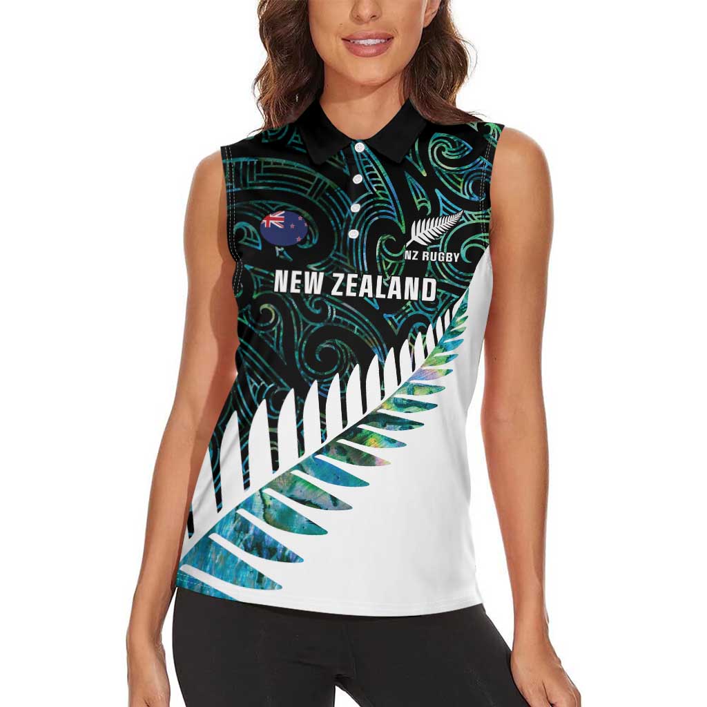 New Zealand Silver Fern Rugby Custom Women Sleeveless Polo Shirt Go All Black Turquoise Maori Paua Shell - Aussie Hoodie