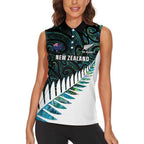 New Zealand Silver Fern Rugby Custom Women Sleeveless Polo Shirt Go All Black Turquoise Maori Paua Shell - Aussie Hoodie