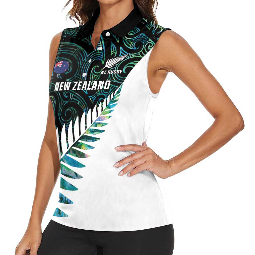 New Zealand Silver Fern Rugby Custom Women Sleeveless Polo Shirt Go All Black Turquoise Maori Paua Shell - Aussie Hoodie