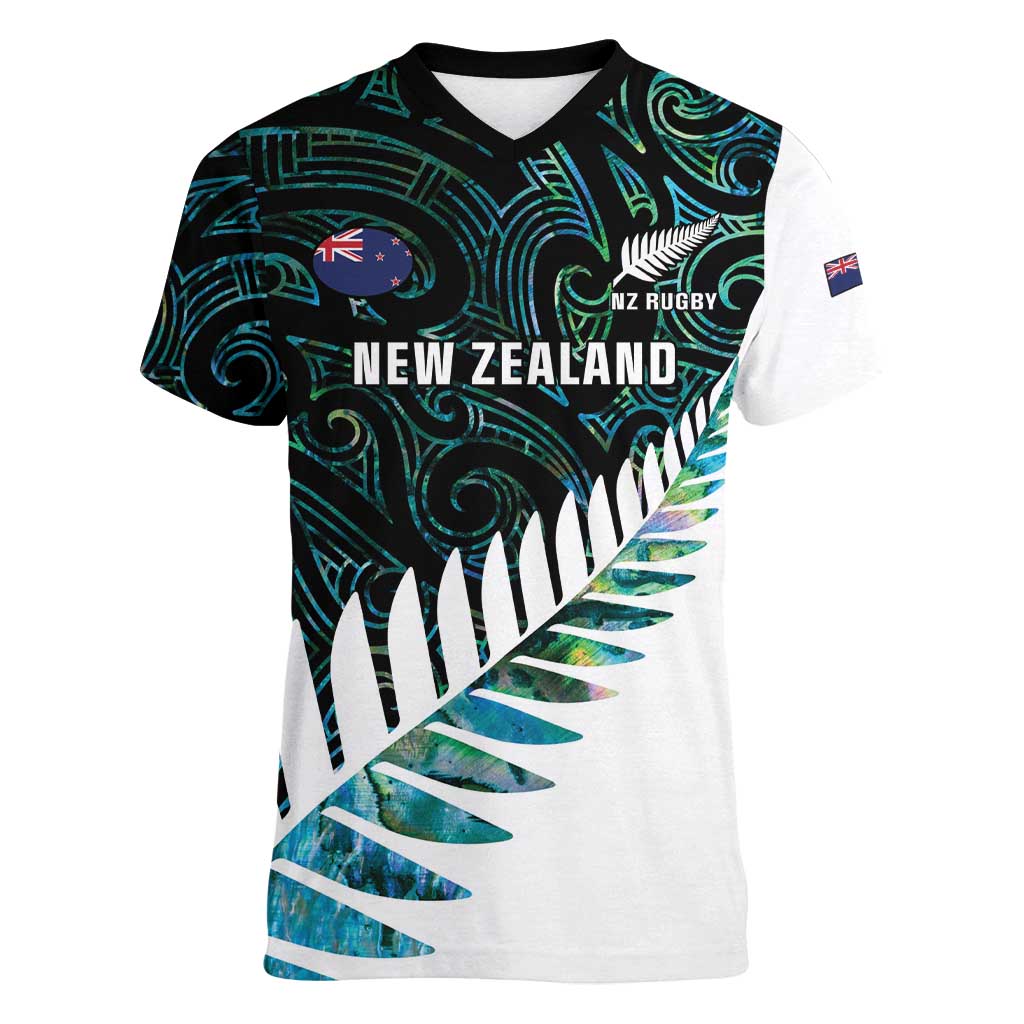 New Zealand Silver Fern Rugby Custom Women V-Neck T-Shirt Go All Black Turquoise Maori Paua Shell - Aussie Hoodie