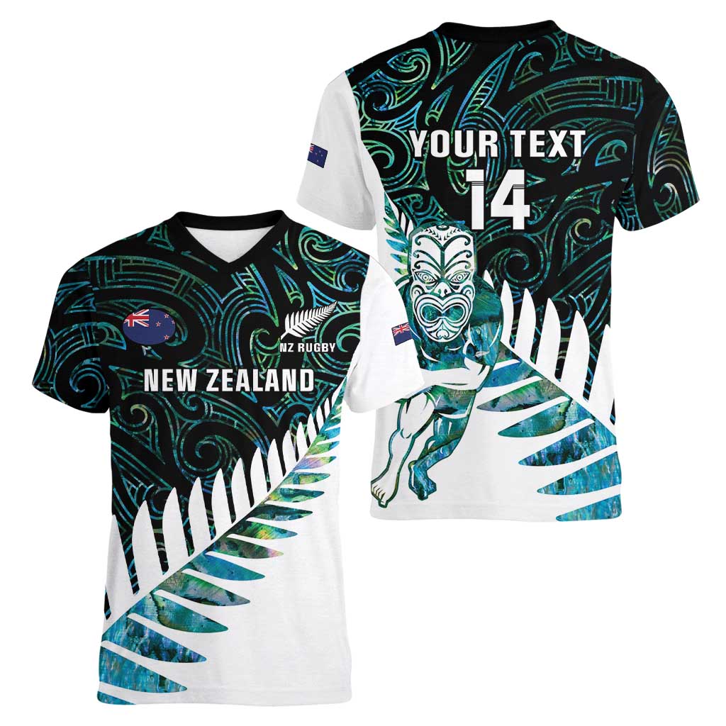 New Zealand Silver Fern Rugby Custom Women V-Neck T-Shirt Go All Black Turquoise Maori Paua Shell - Aussie Hoodie