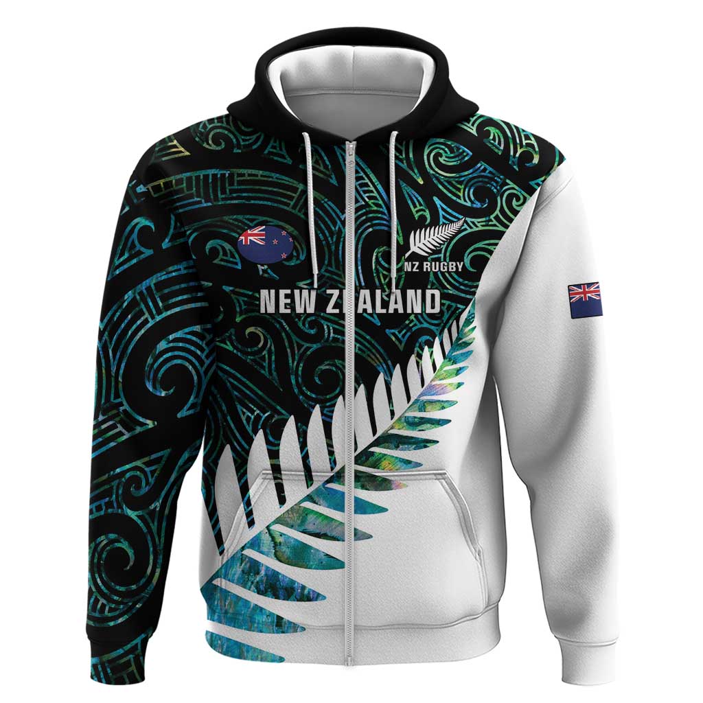 New Zealand Silver Fern Rugby Custom Zip Hoodie Go All Black Turquoise Maori Paua Shell - Aussie Hoodie