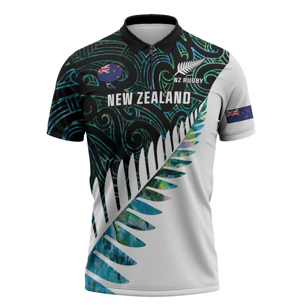 New Zealand Silver Fern Rugby Custom Zipper Polo Shirt Go All Black Turquoise Maori Paua Shell - Aussie Hoodie