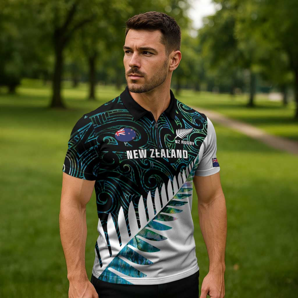 New Zealand Silver Fern Rugby Custom Zipper Polo Shirt Go All Black Turquoise Maori Paua Shell - Aussie Hoodie