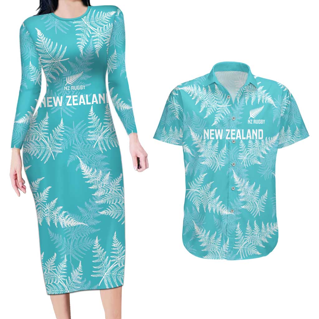 New Zealand Silver Fern Rugby Custom Couples Matching Long Sleeve Bodycon Dress and Hawaiian Shirt Go Aotearoa Champions Turquoise Version - Aussie Hoodie