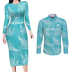 New Zealand Silver Fern Rugby Custom Couples Matching Long Sleeve Bodycon Dress and Long Sleeve Button Shirt Go Aotearoa Champions Turquoise Version - Aussie Hoodie