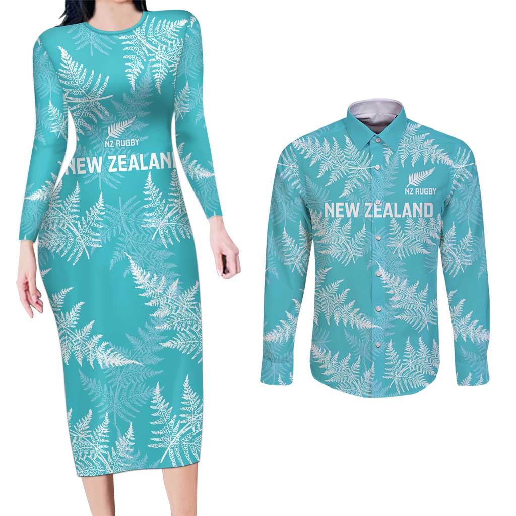 New Zealand Silver Fern Rugby Custom Couples Matching Long Sleeve Bodycon Dress and Long Sleeve Button Shirt Go Aotearoa Champions Turquoise Version - Aussie Hoodie