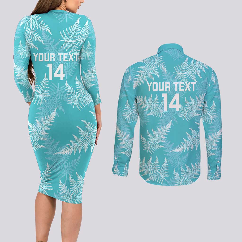 New Zealand Silver Fern Rugby Custom Couples Matching Long Sleeve Bodycon Dress and Long Sleeve Button Shirt Go Aotearoa Champions Turquoise Version - Aussie Hoodie