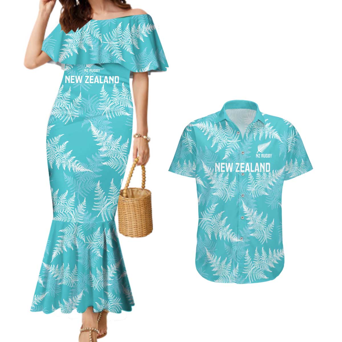 New Zealand Silver Fern Rugby Custom Couples Matching Mermaid Dress and Hawaiian Shirt Go Aotearoa Champions Turquoise Version - Aussie Hoodie