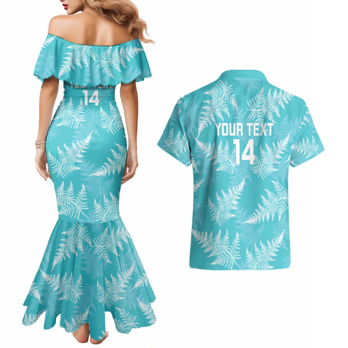 New Zealand Silver Fern Rugby Custom Couples Matching Mermaid Dress and Hawaiian Shirt Go Aotearoa Champions Turquoise Version - Aussie Hoodie