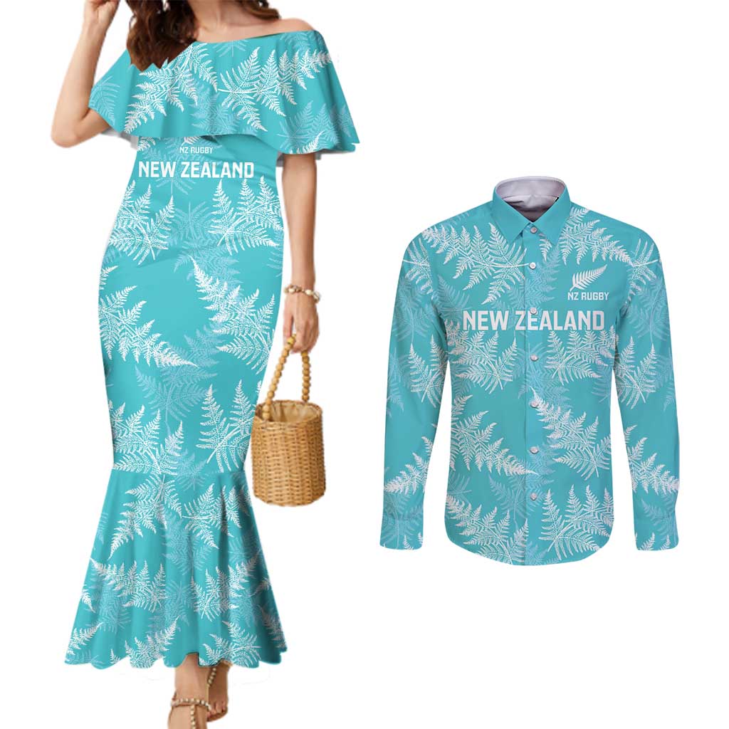 New Zealand Silver Fern Rugby Custom Couples Matching Mermaid Dress and Long Sleeve Button Shirt Go Aotearoa Champions Turquoise Version - Aussie Hoodie