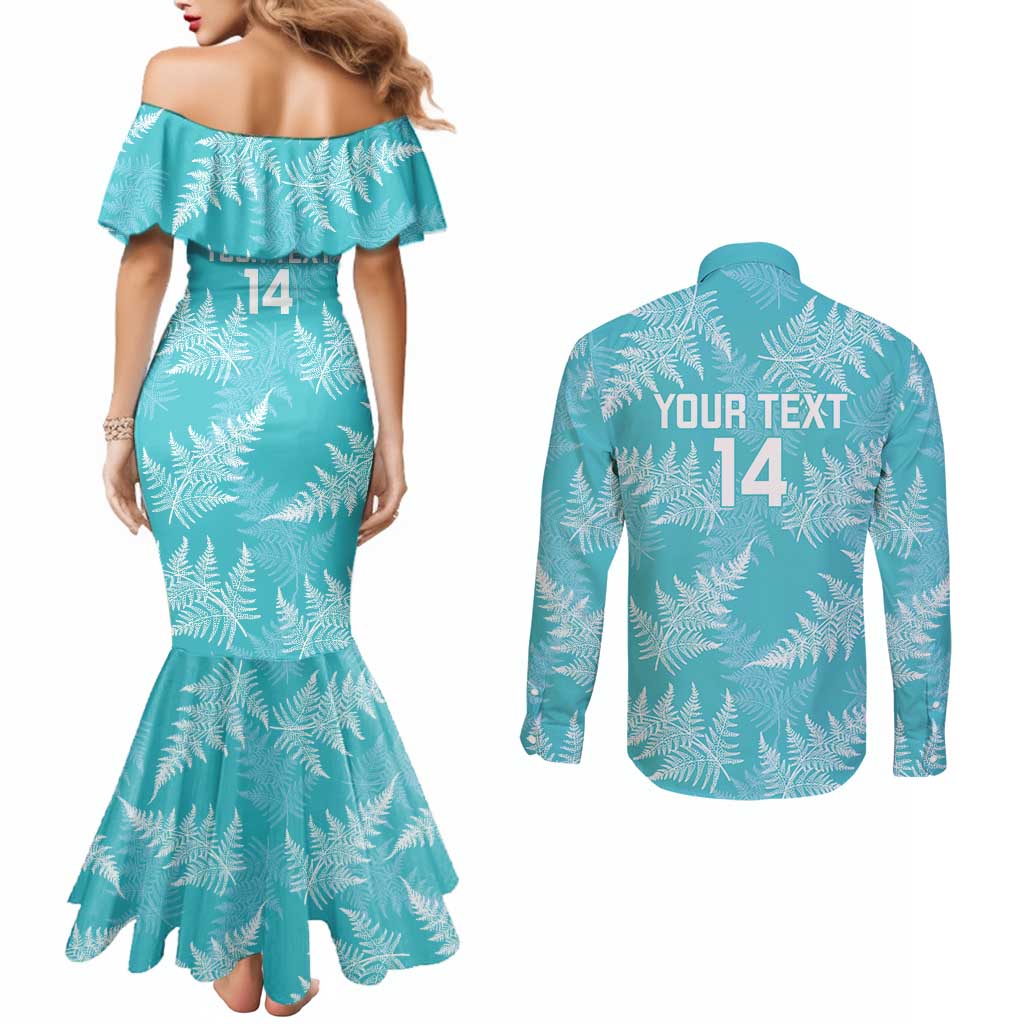 New Zealand Silver Fern Rugby Custom Couples Matching Mermaid Dress and Long Sleeve Button Shirt Go Aotearoa Champions Turquoise Version - Aussie Hoodie