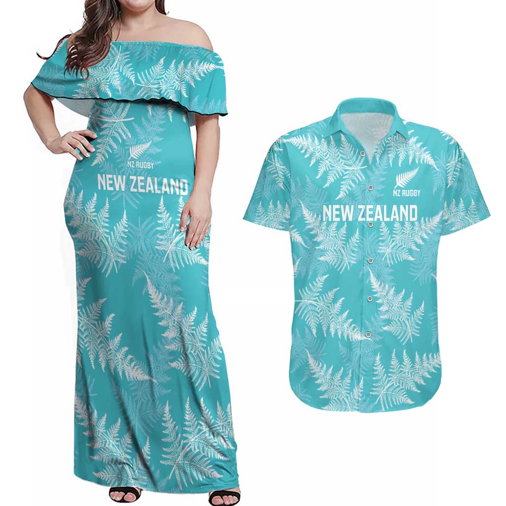 New Zealand Silver Fern Rugby Custom Couples Matching Off Shoulder Maxi Dress and Hawaiian Shirt Go Aotearoa Champions Turquoise Version - Aussie Hoodie