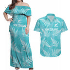New Zealand Silver Fern Rugby Custom Couples Matching Off Shoulder Maxi Dress and Hawaiian Shirt Go Aotearoa Champions Turquoise Version - Aussie Hoodie