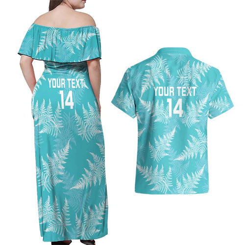 New Zealand Silver Fern Rugby Custom Couples Matching Off Shoulder Maxi Dress and Hawaiian Shirt Go Aotearoa Champions Turquoise Version - Aussie Hoodie