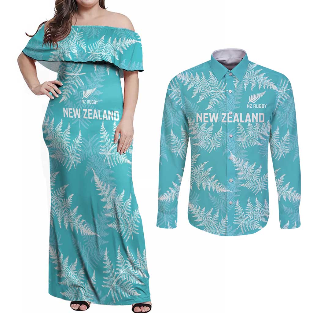 New Zealand Silver Fern Rugby Custom Couples Matching Off Shoulder Maxi Dress and Long Sleeve Button Shirt Go Aotearoa Champions Turquoise Version - Aussie Hoodie