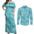 New Zealand Silver Fern Rugby Custom Couples Matching Off Shoulder Maxi Dress and Long Sleeve Button Shirt Go Aotearoa Champions Turquoise Version - Aussie Hoodie