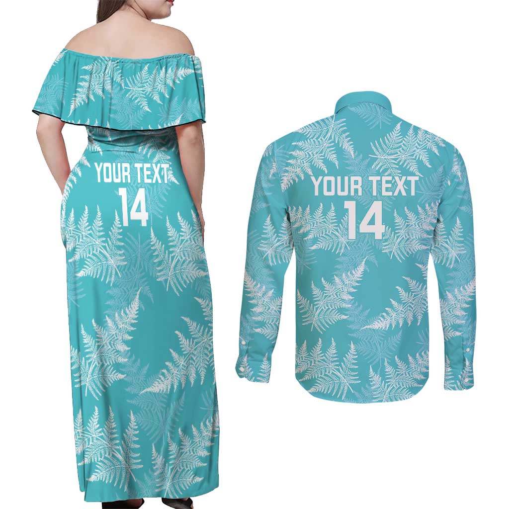 New Zealand Silver Fern Rugby Custom Couples Matching Off Shoulder Maxi Dress and Long Sleeve Button Shirt Go Aotearoa Champions Turquoise Version - Aussie Hoodie